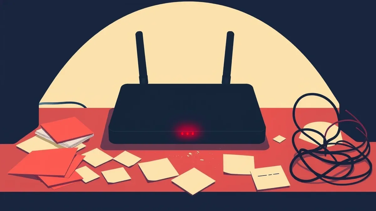 Illustration: A sleek black router sits on a cluttered desk beside a scattered pile of sticky notes and tangled cables.