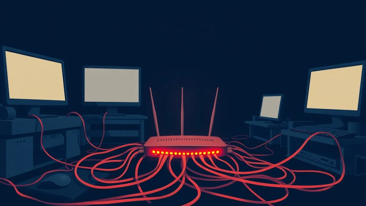 Illustration: A dark, cluttered room contains a single glowing router connected by thick, tangled cables to three dormant desktop computers in the background.