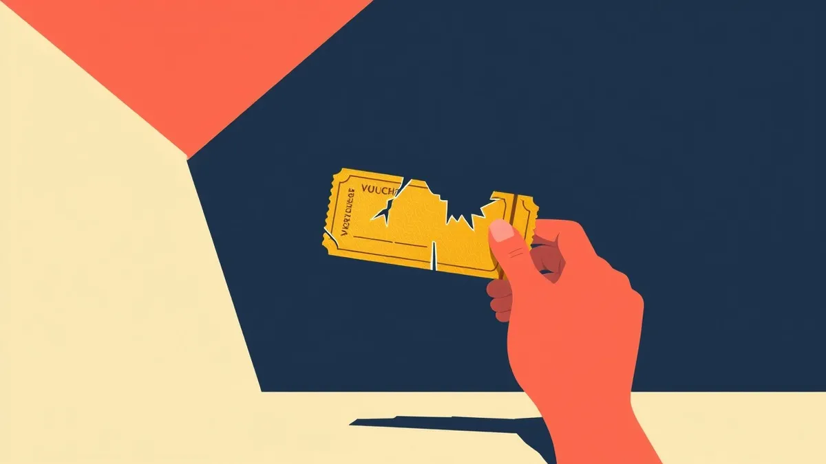 Illustration: A golden ticket floats in midair, its surface cracked and peeling to reveal a jagged digital void beneath.
