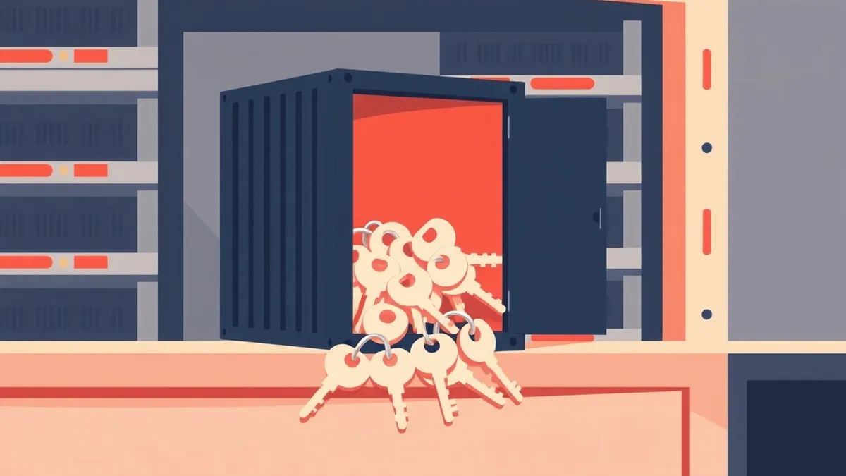 Illustration: A generic containerized software box sits on a server shelf, its side panel sliding open to reveal a set of identical, unchanging keys spilling out.