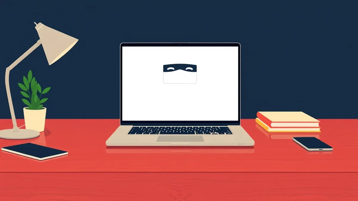 Illustration: A sleek executive desk holds an open laptop displaying a blank email interface.