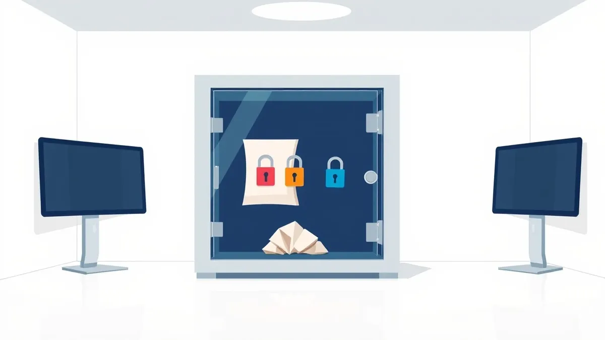 Illustration: A transparent glass vault sits in the center of a sterile white room, containing a single, crumpled piece of paper.