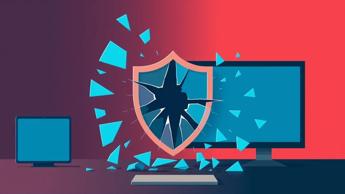 Illustration: A cracked glass shield shatters on a dark desktop surface, revealing a jagged void where a generic operating system interface once stood.