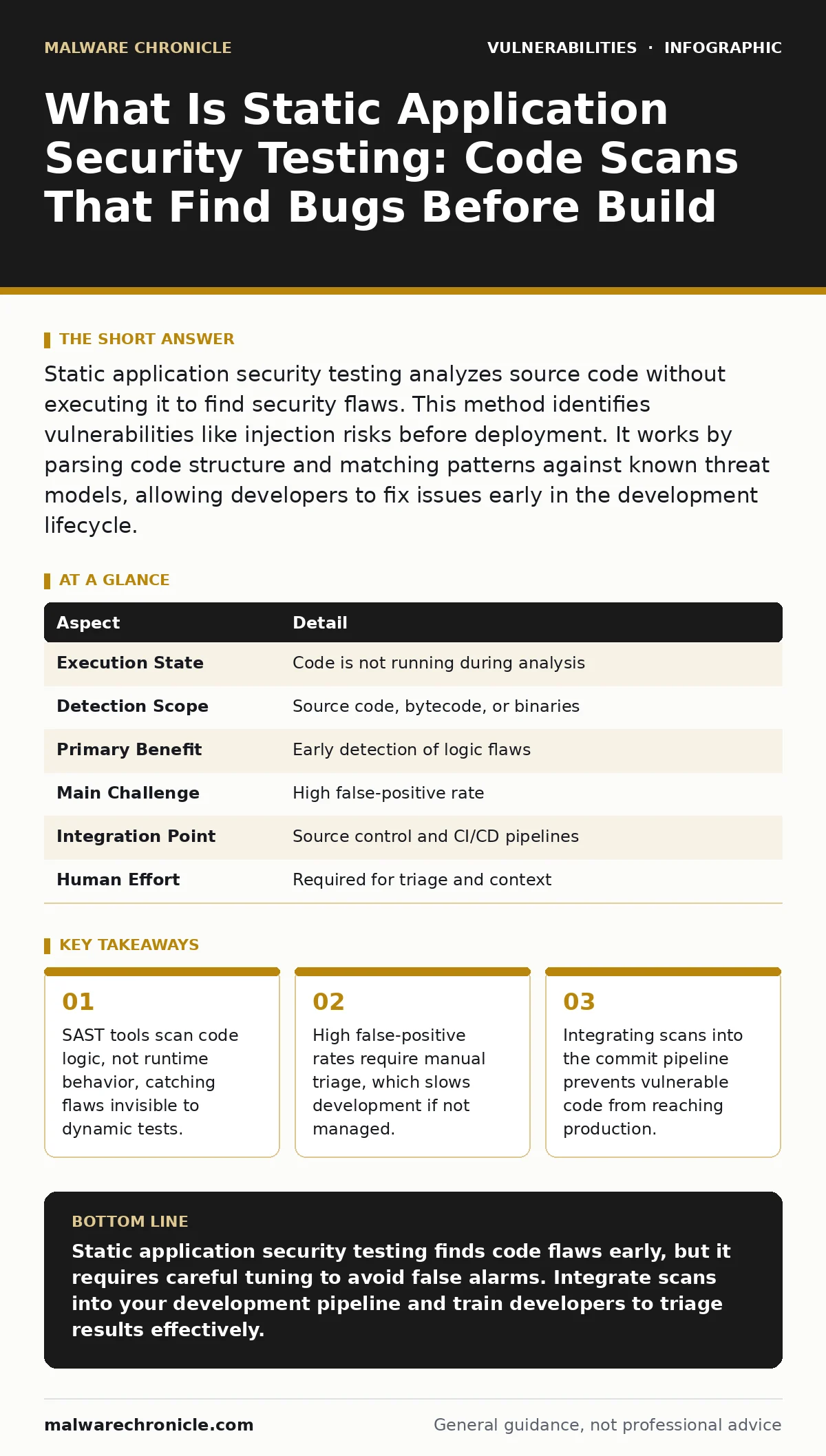 Infographic: What Is Static Application Security Testing: Code Scans That Find Bugs Before Build. SAST tools scan code logic, not runtime behavior, catching flaws invisible to dynamic tests. High false-positive rates require manual triage, which slows development if not managed. Integrating scans in