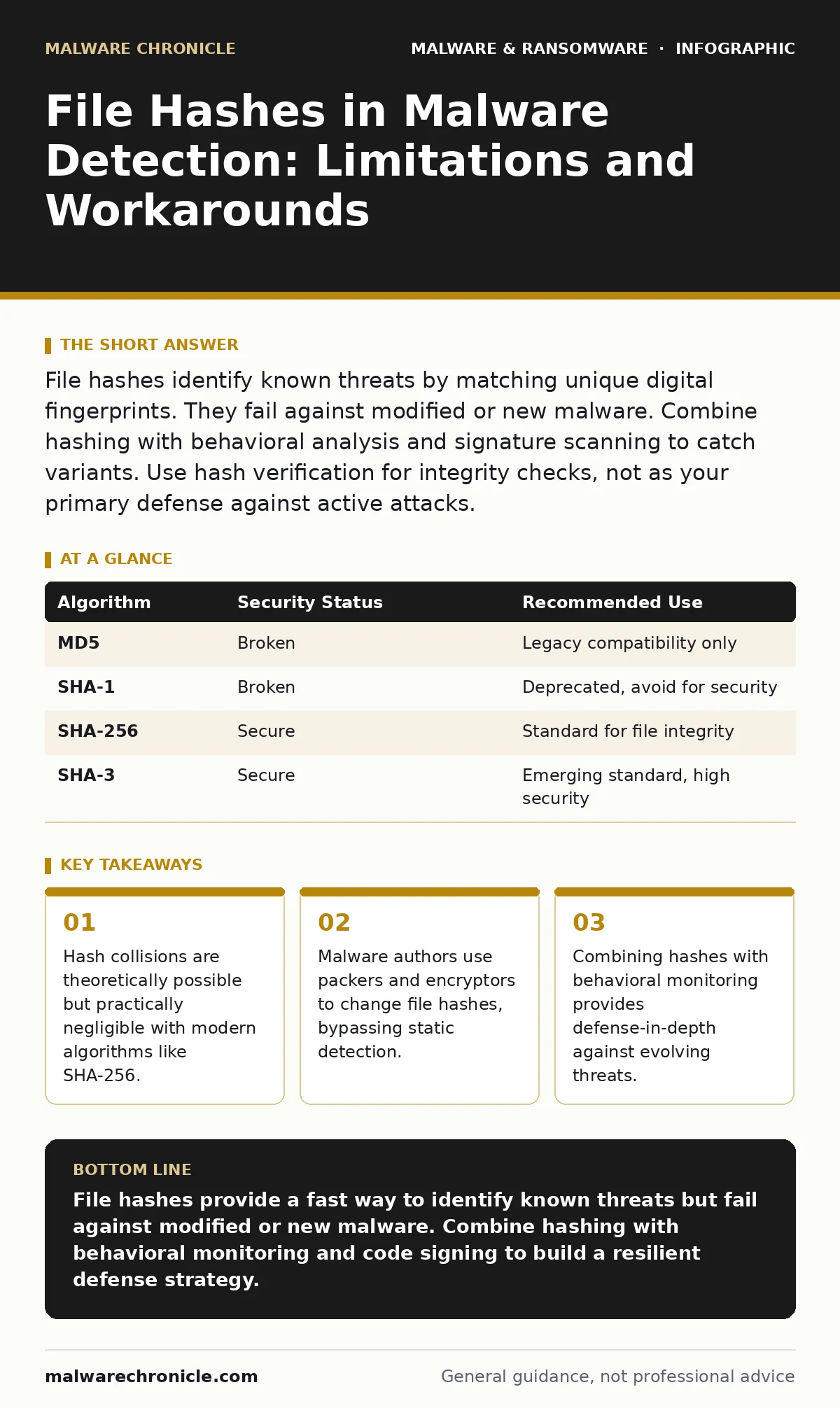 Infographic: File Hashes in Malware Detection: Limitations and Workarounds. Hash collisions are theoretically possible but practically negligible with modern algorithms like SHA-256. Malware authors use packers and encryptors to change file hashes, bypassing static detection. Combining hashes with b