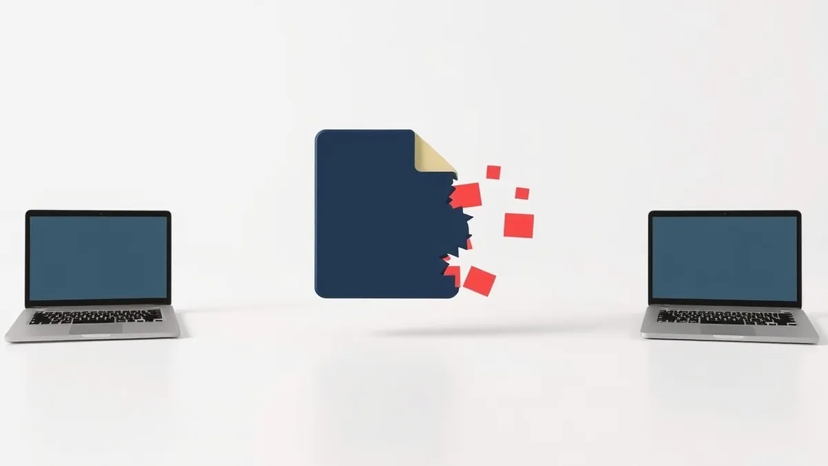 Illustration: A single jagged file icon shifts its shape and color while resting on a clean white surface, illustrating how malware changes its appearance to evade detection.