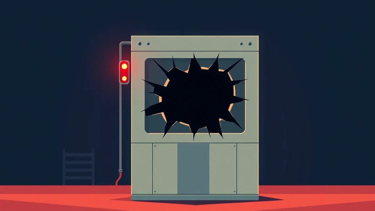 Illustration: A sleek industrial control tower stands alone in a dim factory setting.