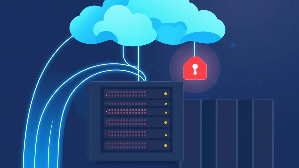 Illustration: A glowing blue cloud hovers above a sleek, modern server rack.