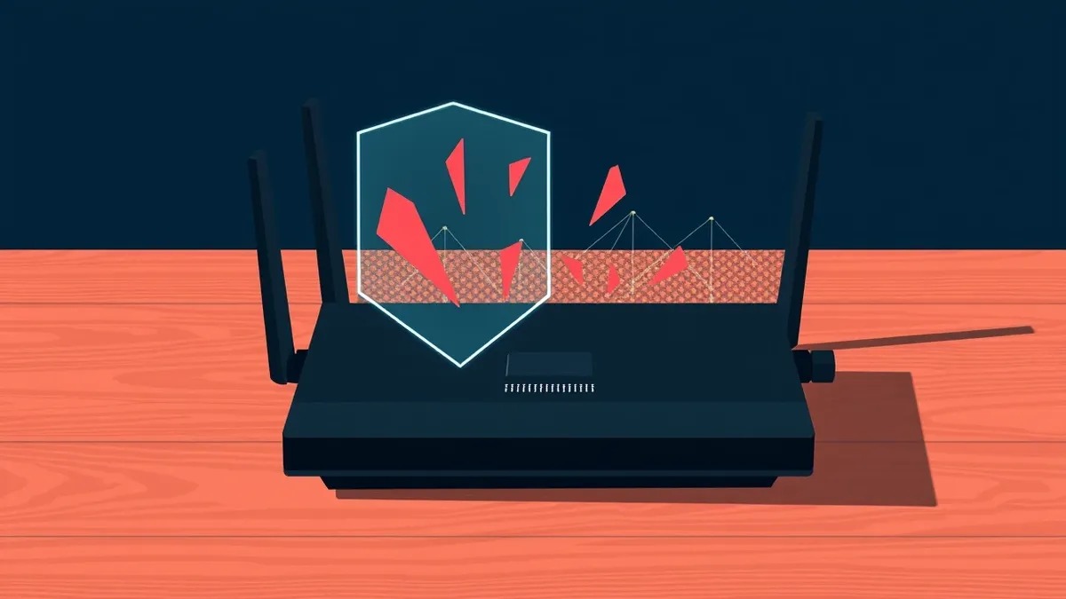 Illustration: A sleek black router sits on a wooden table while a faint digital mesh glows around its circuit board.