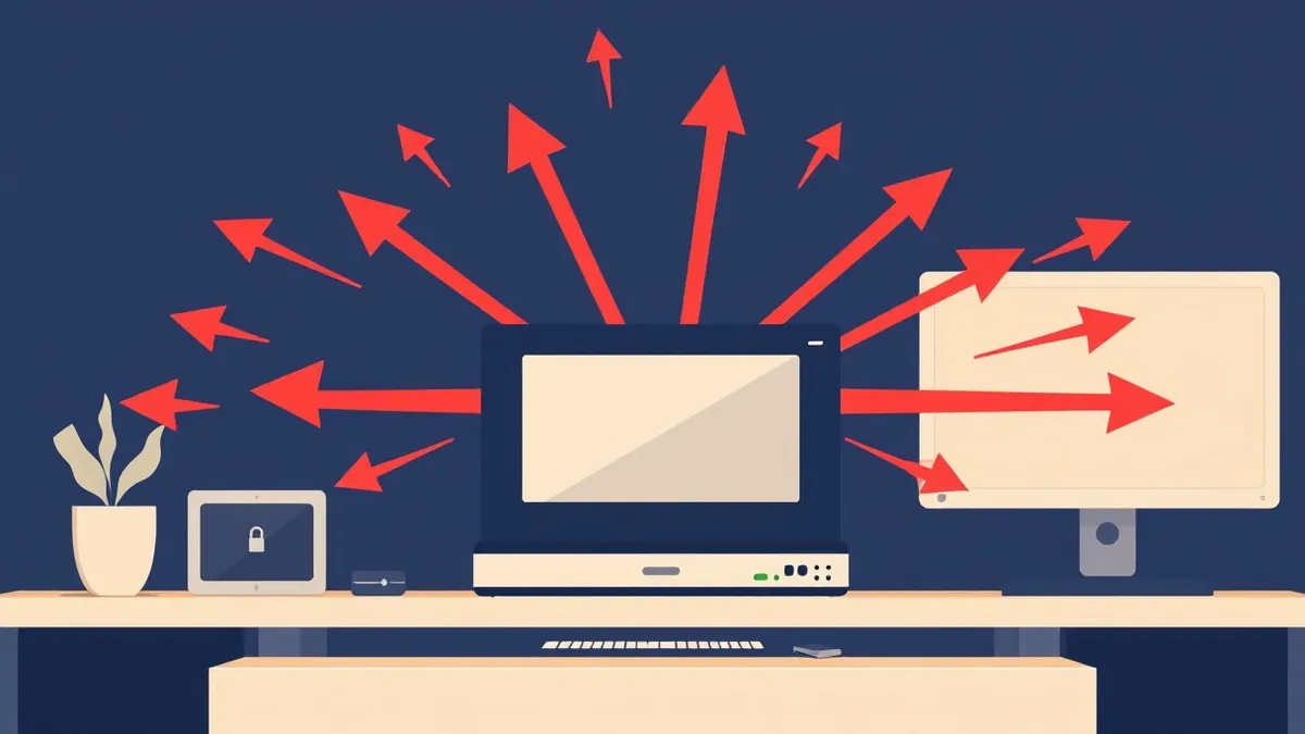 Illustration: A standalone network appliance with a blank front panel sits on a desk while abstract red arrows pierce its surface, illustrating an immediate security breach attempt