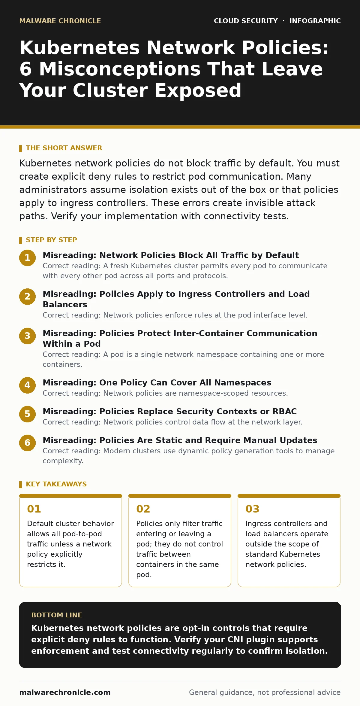 Infographic: Kubernetes Network Policies: 6 Misconceptions That Leave Your Cluster Exposed. Default cluster behavior allows all pod-to-pod traffic unless a network policy explicitly restricts it. Policies only filter traffic entering or leaving a pod; they do not control traffic between containers i