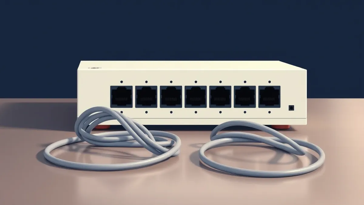 Illustration: A sleek white network switch sits alone on a polished metal desk, its numerous ethernet ports dark and unconnected.