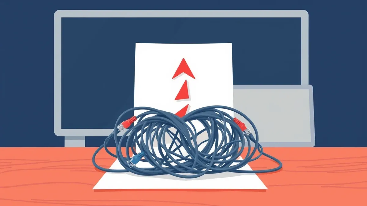 Illustration: A blank white sheet of paper rests on a wooden desk, pinning down a tangled knot of gray and blue network cables.