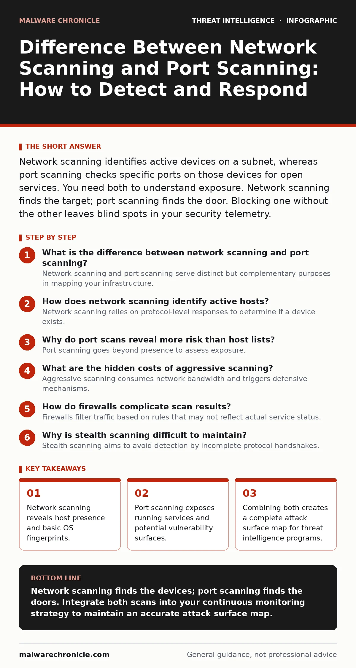 Infographic: Difference Between Network Scanning and Port Scanning: How to Detect and Respond. Network scanning reveals host presence and basic OS fingerprints. Port scanning exposes running services and potential vulnerability surfaces. Combining both creates a complete attack surface map for threa