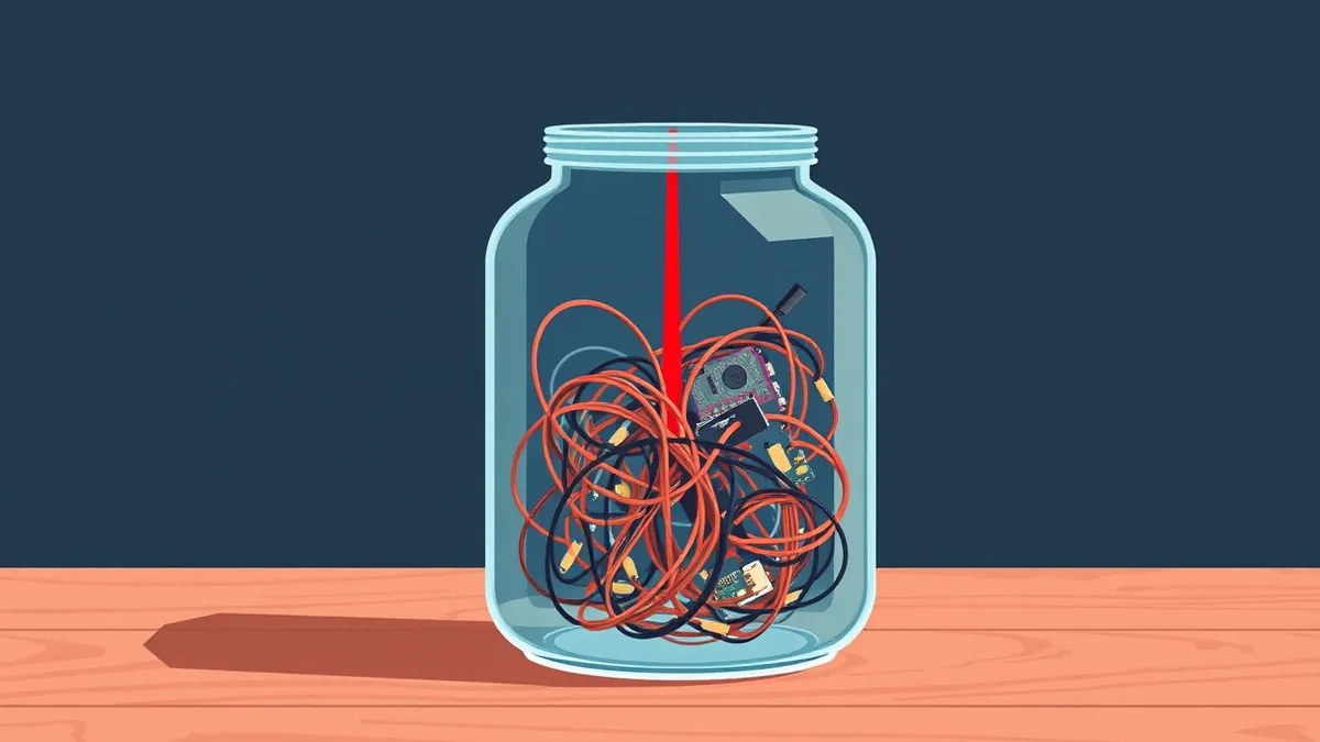 Illustration: A transparent glass jar sits on a wooden table, containing a tangled mess of colorful wires and small circuit boards.