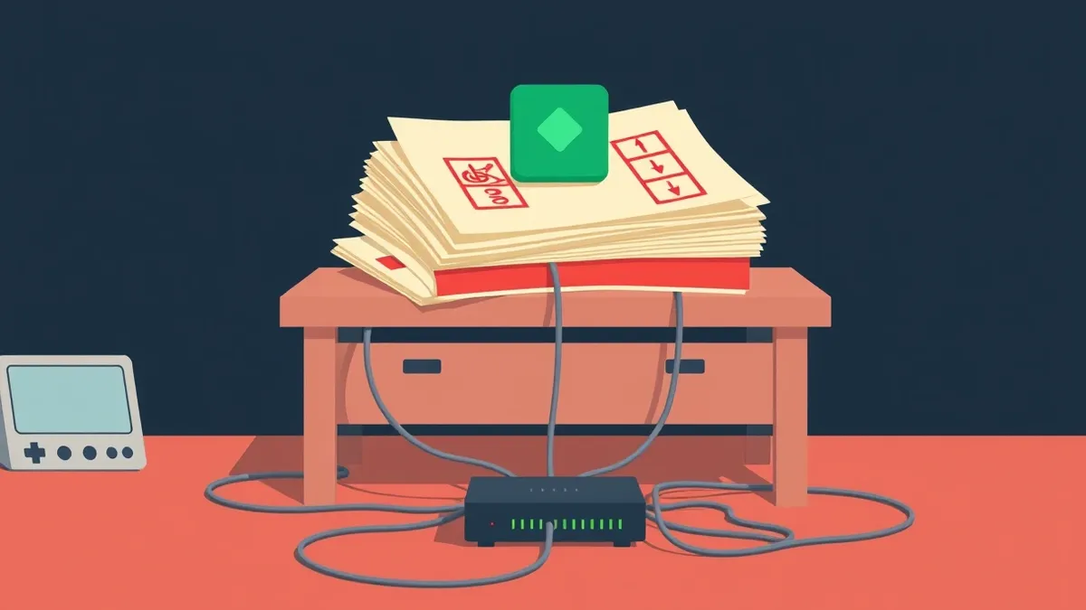 Illustration: A small office desk holds a cluttered stack of paper folders with red warning stamps.