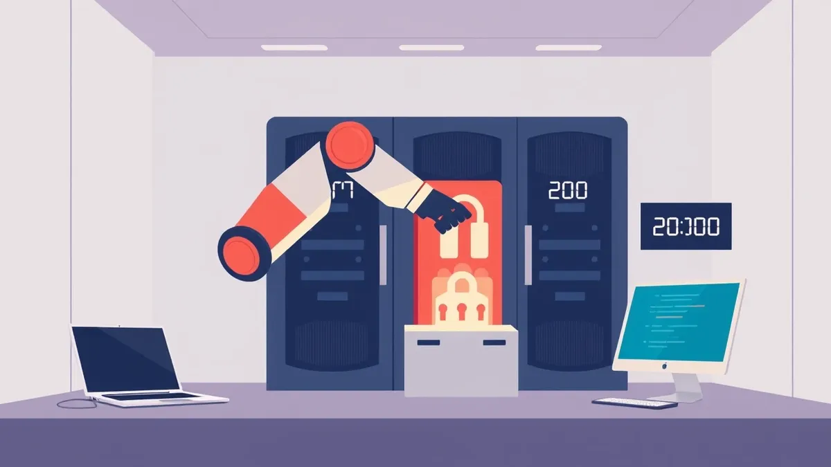 Illustration: A sleek autonomous robot arm reaches through a glowing digital breach in a secure server wall, rapidly pulling encrypted data packets into a waiting storage container