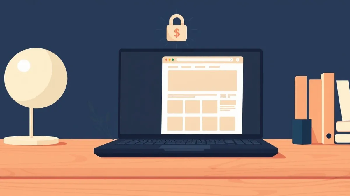 Illustration: A sleek black laptop sits on a wooden desk.