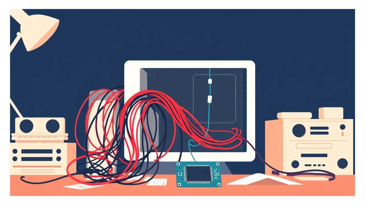 Illustration: A white server unit sits on a cluttered desk with its side panel removed.