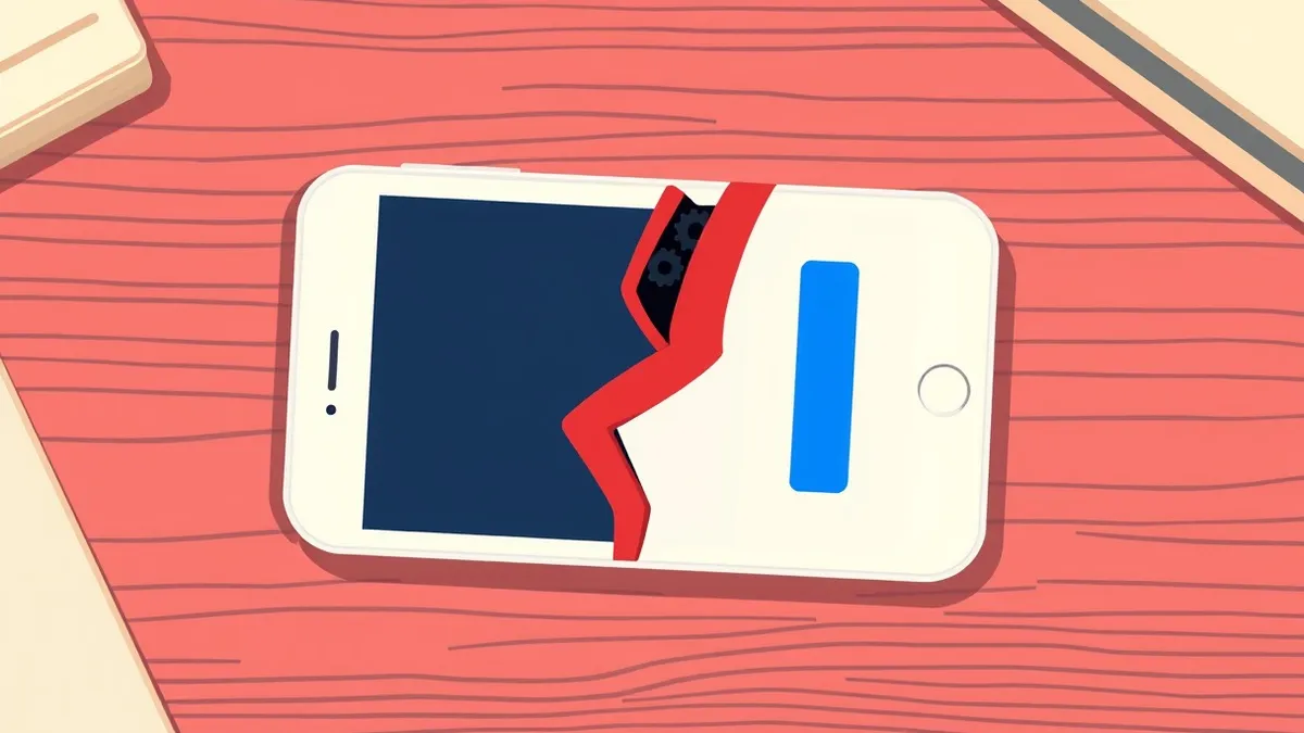 Illustration: A white smartphone rests on a wooden desk, displaying a blank webpage interface with a simple blue button.