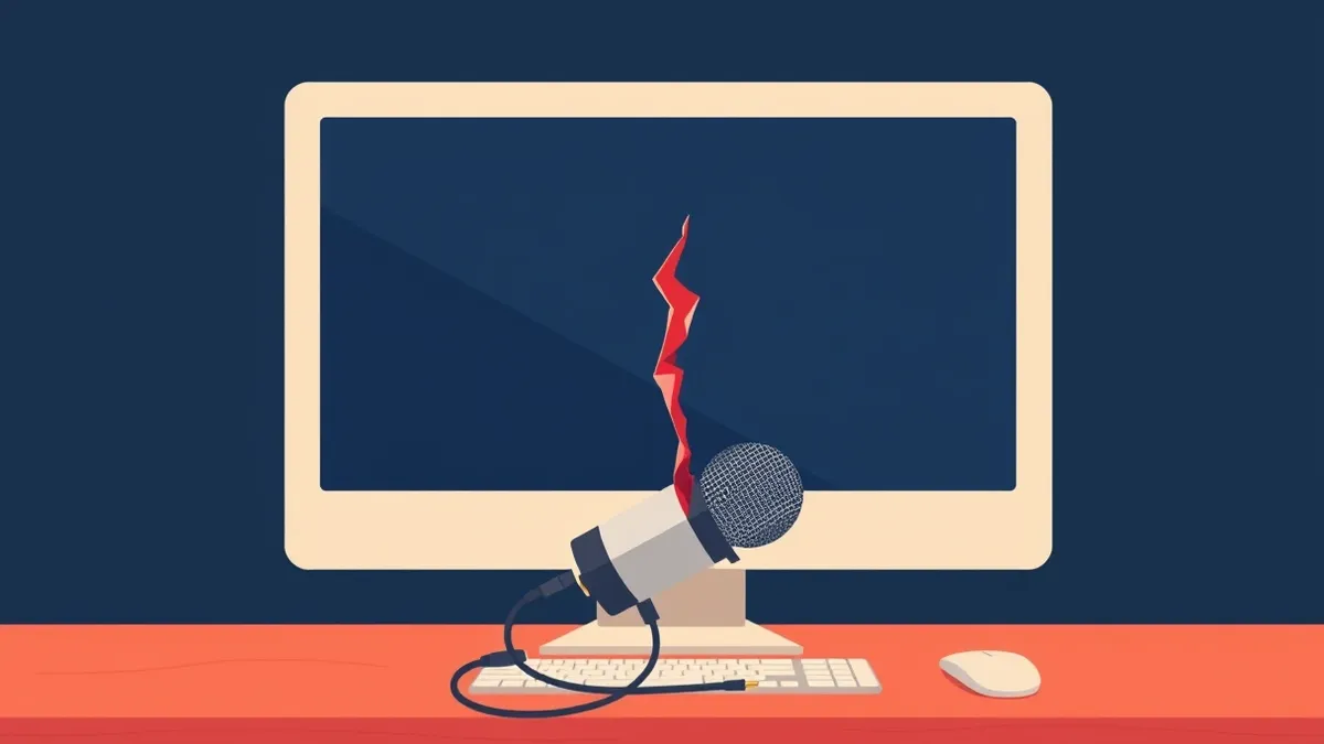 Illustration: A sleek desktop computer sits on a wooden desk, its blank screen reflecting a small microphone and a tangled audio cable.