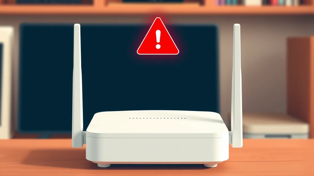 Illustration: A small white wireless router with external antennas sits on a wooden desk.