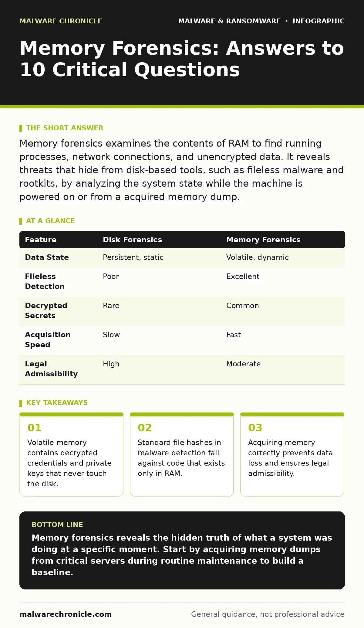 Infographic: Memory Forensics: Answers to 10 Critical Questions. Volatile memory contains decrypted credentials and private keys that never touch the disk. Standard file hashes in malware detection fail against code that exists only in RAM. Acquiring memory correctly prevents data loss and ensures l