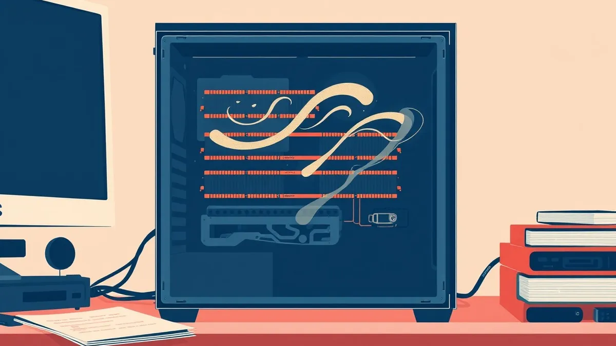 Illustration: A transparent computer case sits on a cluttered desk, its internal components visible.