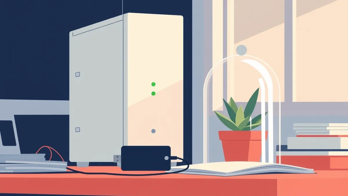 Illustration: A generic white server tower sits on a cluttered desk beside a single black USB drive.