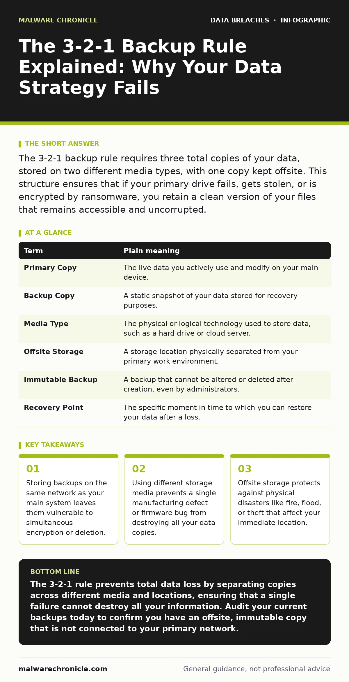 Infographic: The 3-2-1 Backup Rule Explained: Why Your Data Strategy Fails. Storing backups on the same network as your main system leaves them vulnerable to simultaneous encryption or deletion. Using different storage media prevents a single manufacturing defect or firmware bug from destroying all