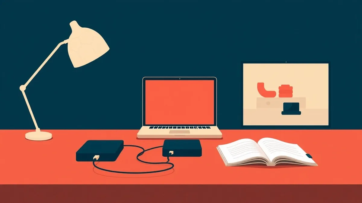 Illustration: Three identical external hard drives sit on a wooden desk.