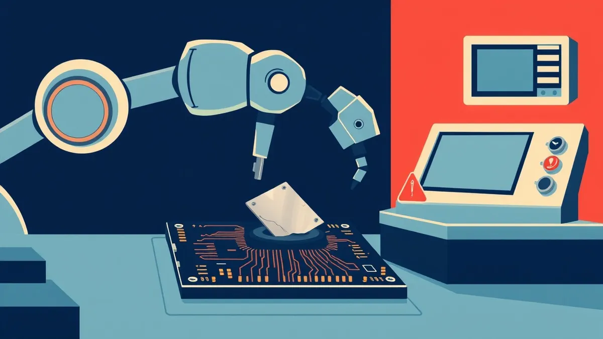 Illustration: A robotic arm places a shiny metal patch onto a cracked circuit board while a red warning light blinks on the testing station nearby.