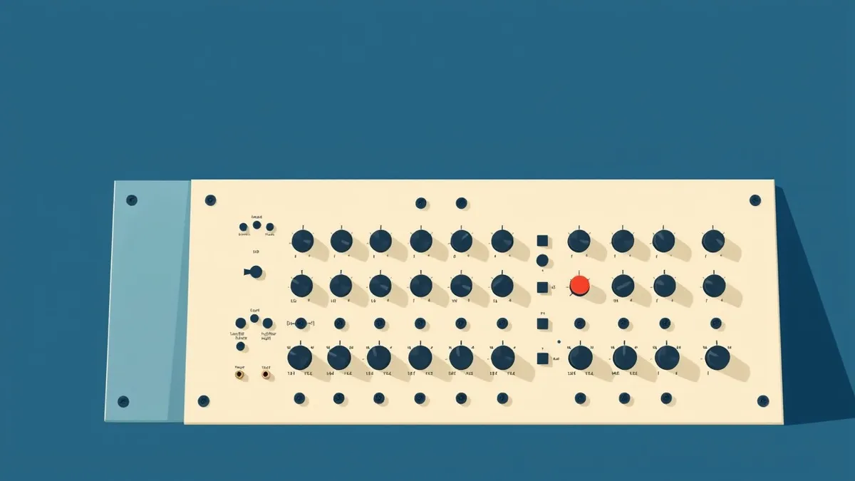 Illustration: A white configuration panel leans against a blue wall, its numerous small black dials and toggle switches clearly visible.