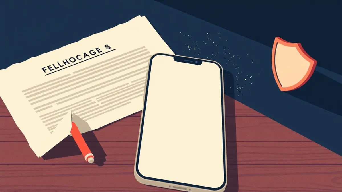 Illustration: A blank smartphone rests on a wooden desk beside a torn legal contract and a small, cracked shield.