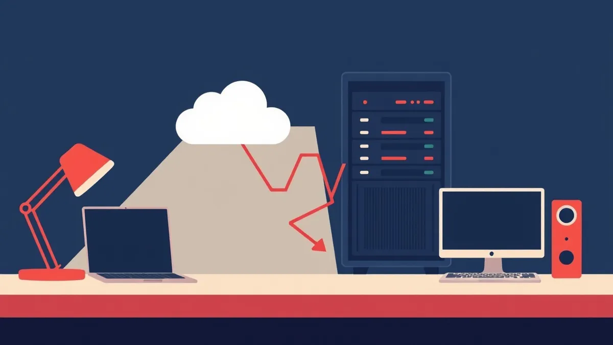 Illustration: A split desk surface divides a glowing cloud icon from a traditional server tower.
