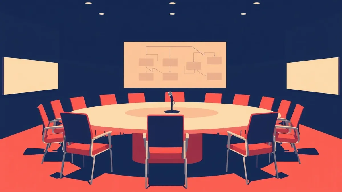 Illustration: An empty conference table sits in a dimly lit room, surrounded by unoccupied chairs arranged in a tight circle.