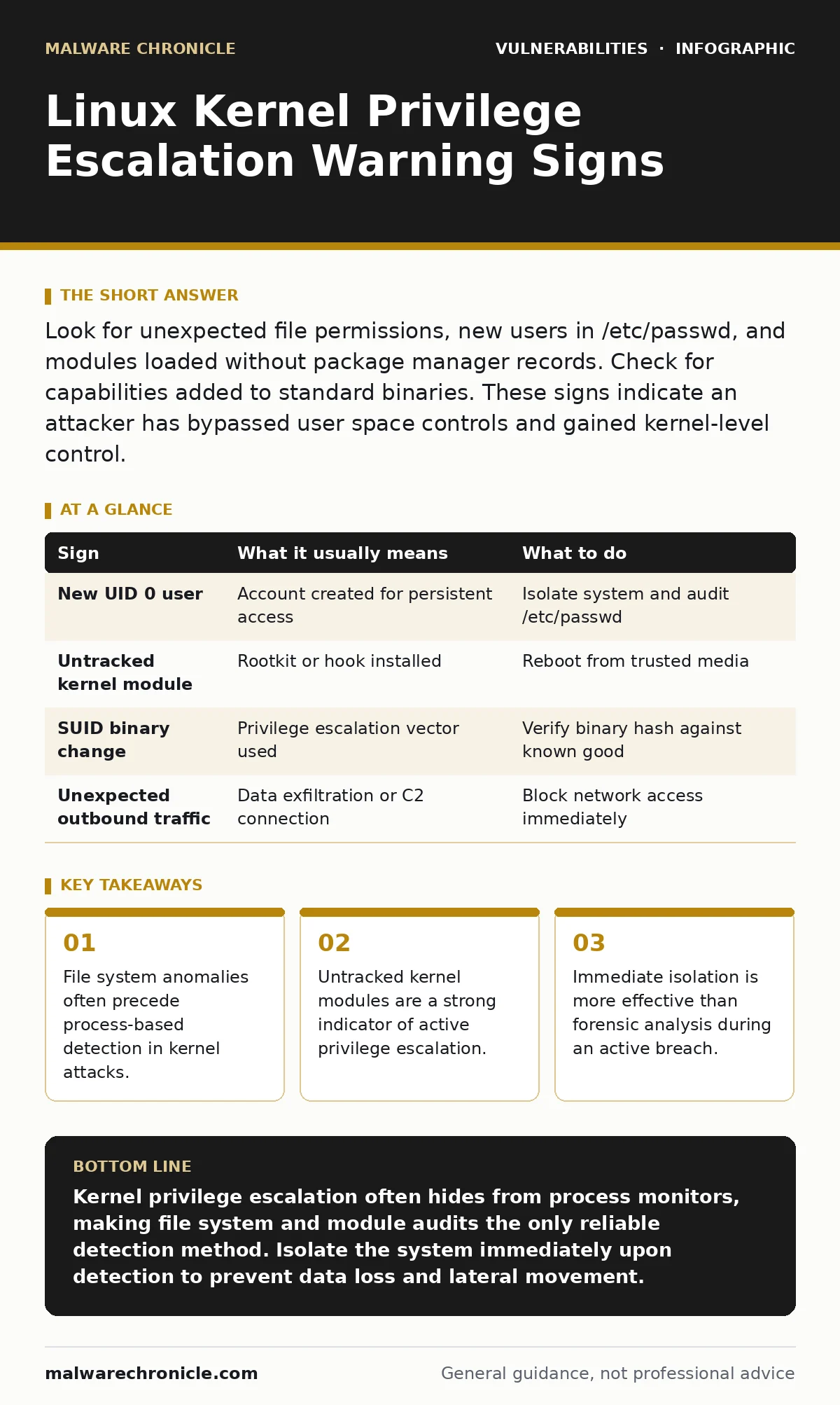 Infographic: Linux Kernel Privilege Escalation Warning Signs. File system anomalies often precede process-based detection in kernel attacks. Untracked kernel modules are a strong indicator of active privilege escalation. Immediate isolation is more effective than forensic analysis during an active b