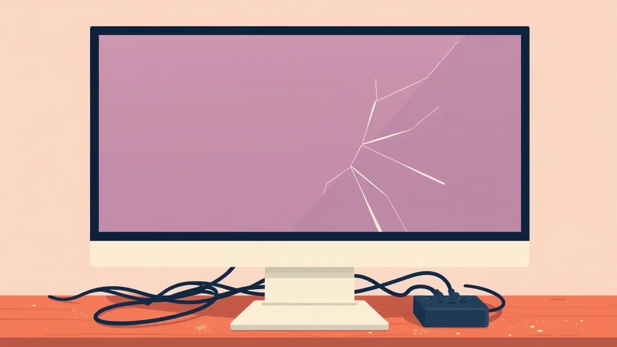 Illustration: A desktop computer monitor displays a blank screen with faint, jagged cracks spreading across the glass surface.