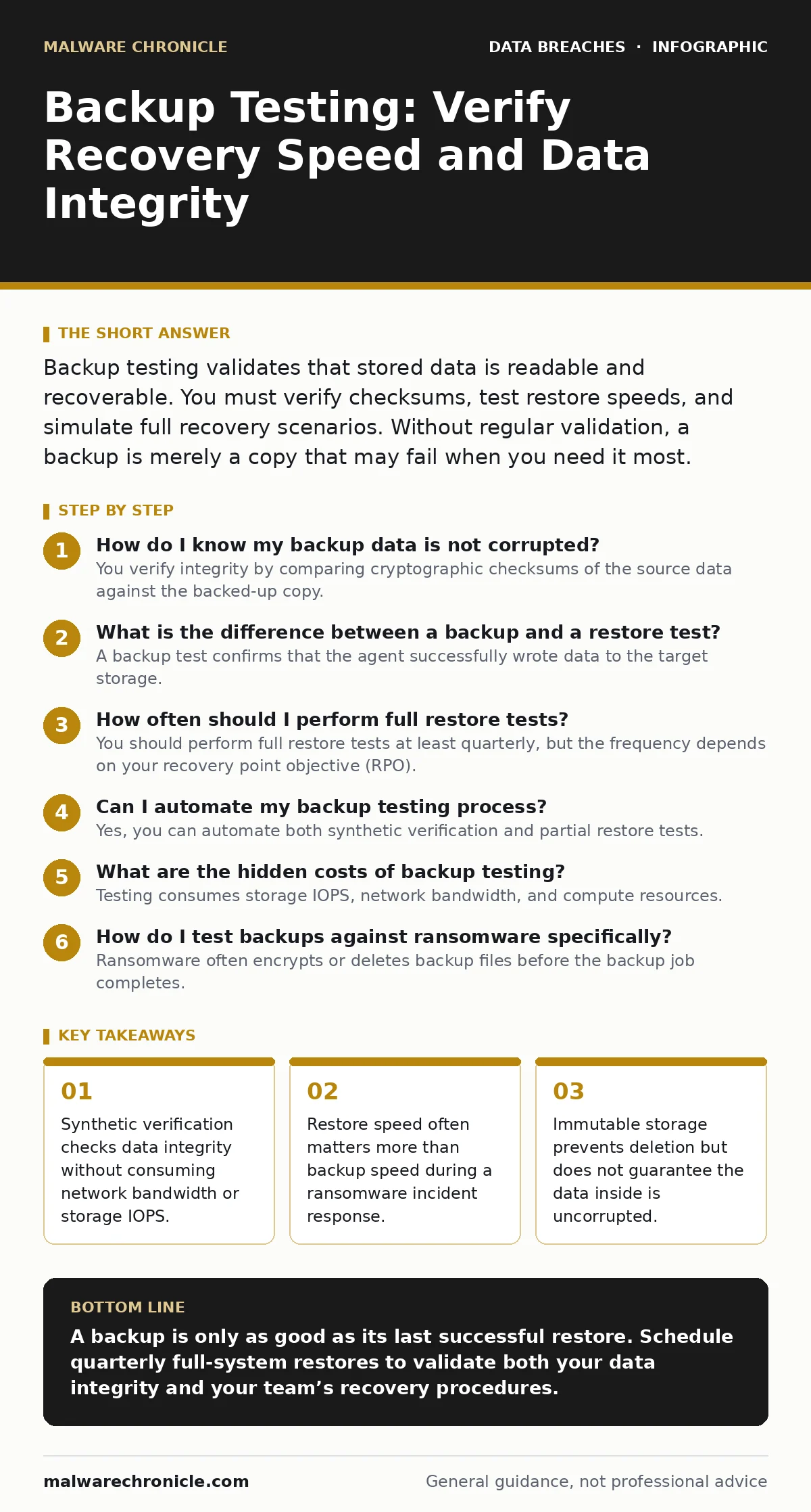 Infographic: Backup Testing: Verify Recovery Speed and Data Integrity. Synthetic verification checks data integrity without consuming network bandwidth or storage IOPS. Restore speed often matters more than backup speed during a ransomware incident response. Immutable storage prevents deletion but d