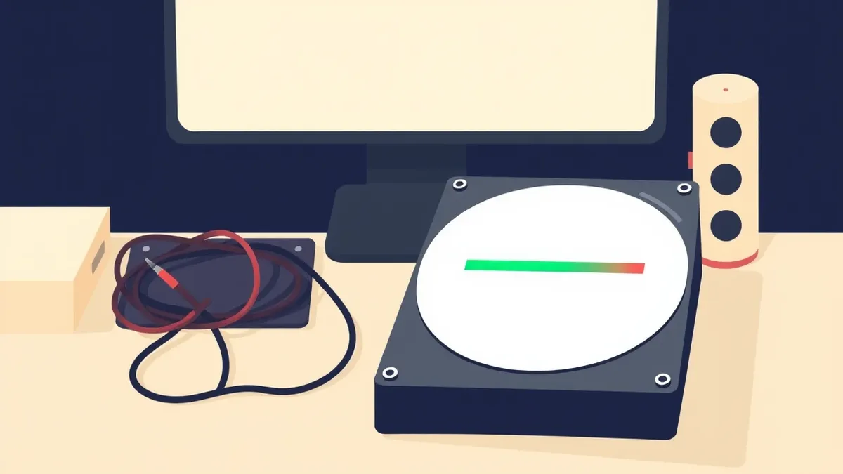 Illustration: A hard drive sits on a clean desk next to a tangled cable.