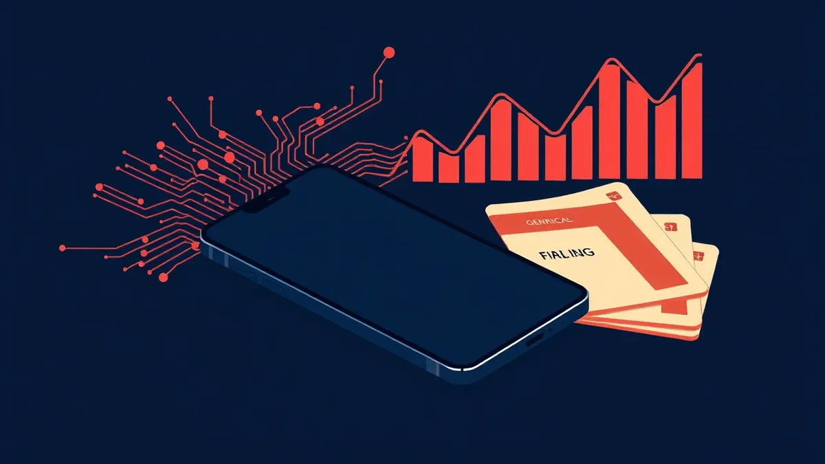 Illustration: A sleek smartphone rests on a dark table beside a stack of generic credit cards.
