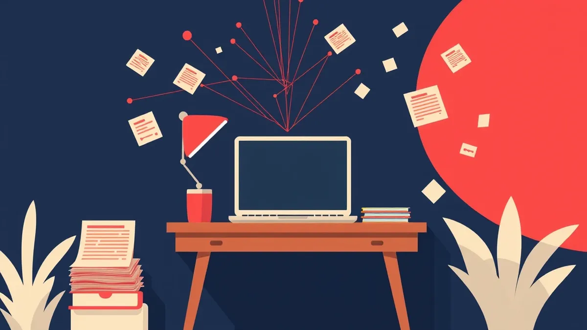 Illustration: A small wooden desk holds a laptop and a stack of manila folders.