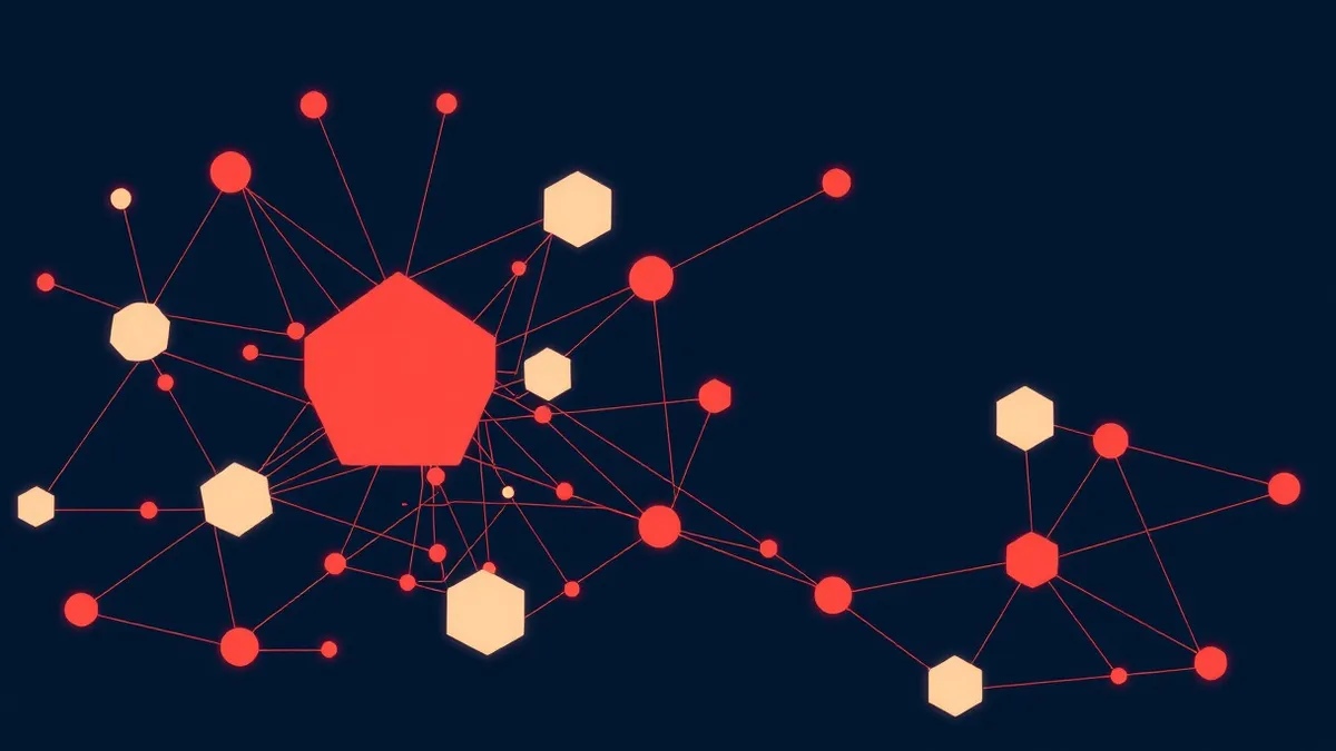Illustration: A tangled web of glowing red lines connects abstract geometric shapes in a dark void, shifting dynamically to show active movement rather than static points.