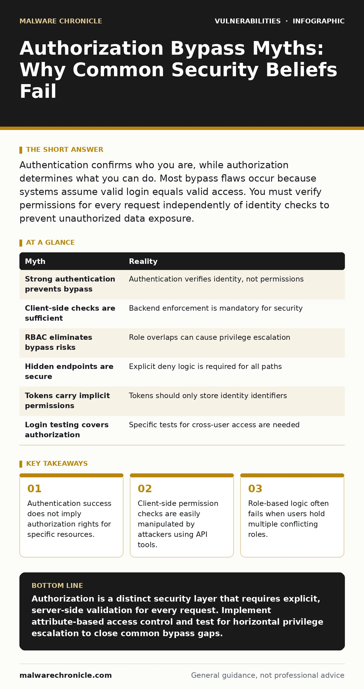 Infographic: Authorization Bypass Myths: Why Common Security Beliefs Fail. Authentication success does not imply authorization rights for specific resources. Client-side permission checks are easily manipulated by attackers using API tools. Role-based logic often fails when users hold multiple confl