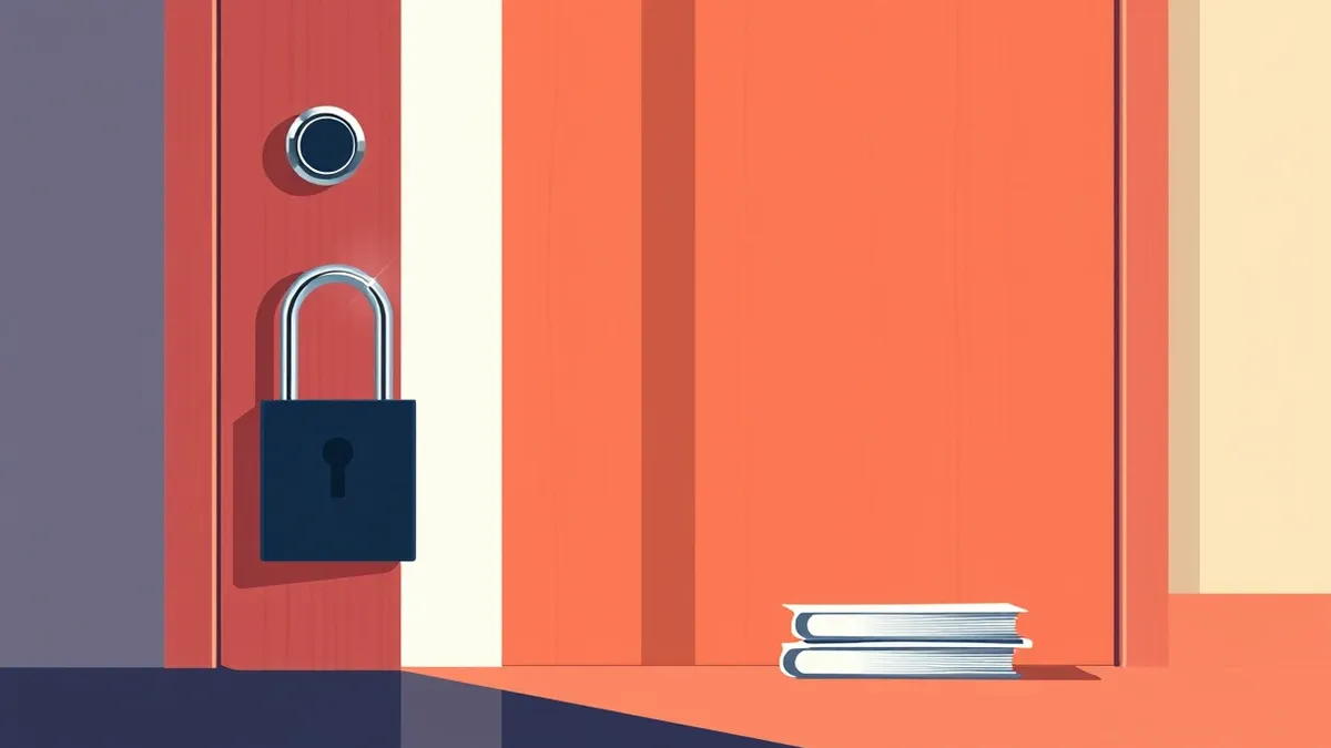 Illustration: A sleek black padlock hangs open on a polished wooden door, while a second identical padlock remains securely fastened on the same surface nearby.