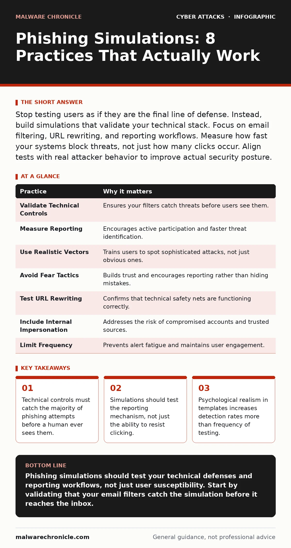 Infographic: Phishing Simulations: 8 Practices That Actually Work. Technical controls must catch the majority of phishing attempts before a human ever sees them. Simulations should test the reporting mechanism, not just the ability to resist clicking. Psychological realism in templates increases det