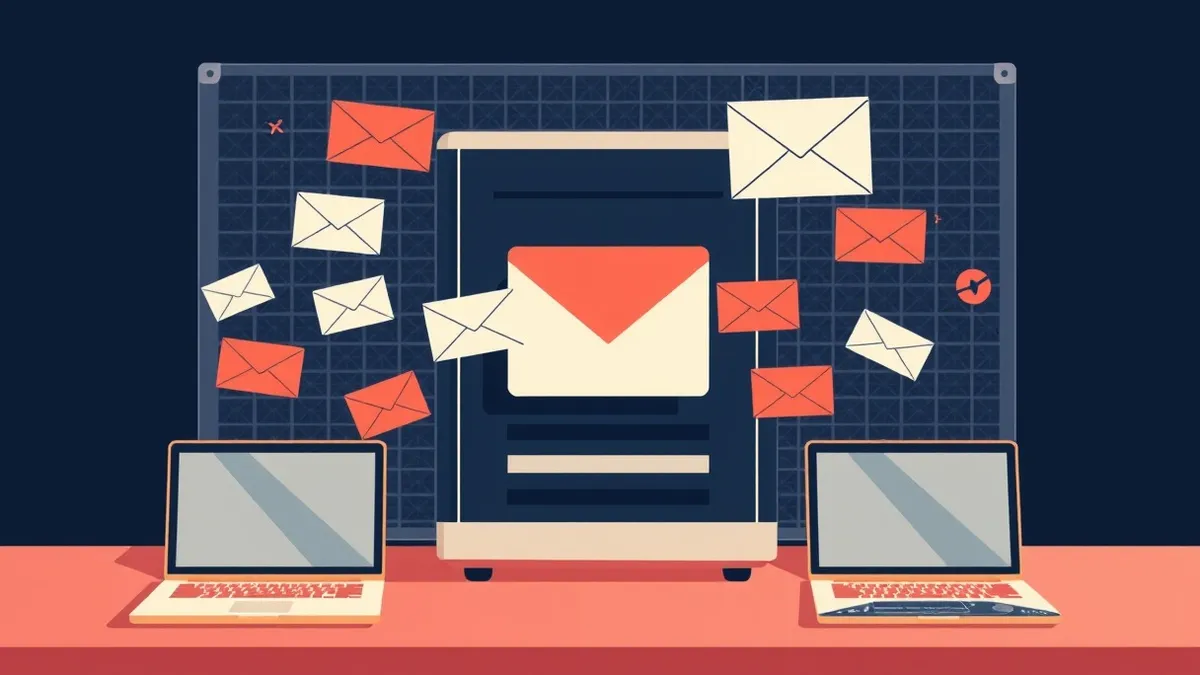 Illustration: A sleek email server sits behind a transparent firewall mesh.
