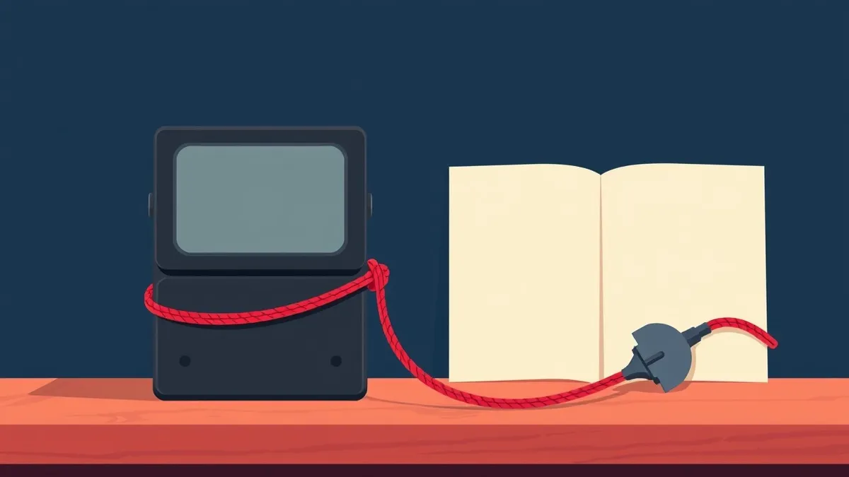 Illustration: A small black electronic box with a blank gray screen sits on a wooden table.