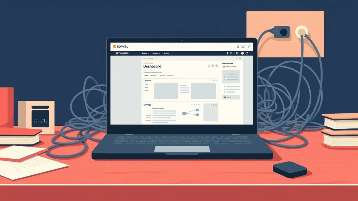Illustration: A sleek black laptop sits open on a cluttered wooden desk, its screen displaying a blank administrative dashboard.