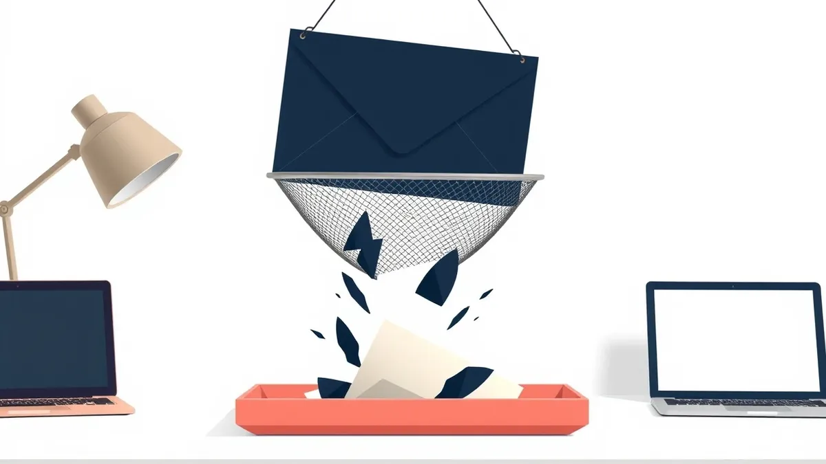 Illustration: A sleek black envelope lands in a wire mesh sieve suspended over a clean white desk.